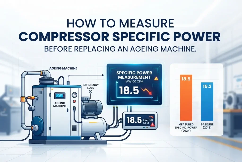 Infographic displaying specific power measurement and efficiency comparison for an ageing industrial air compressor — How t