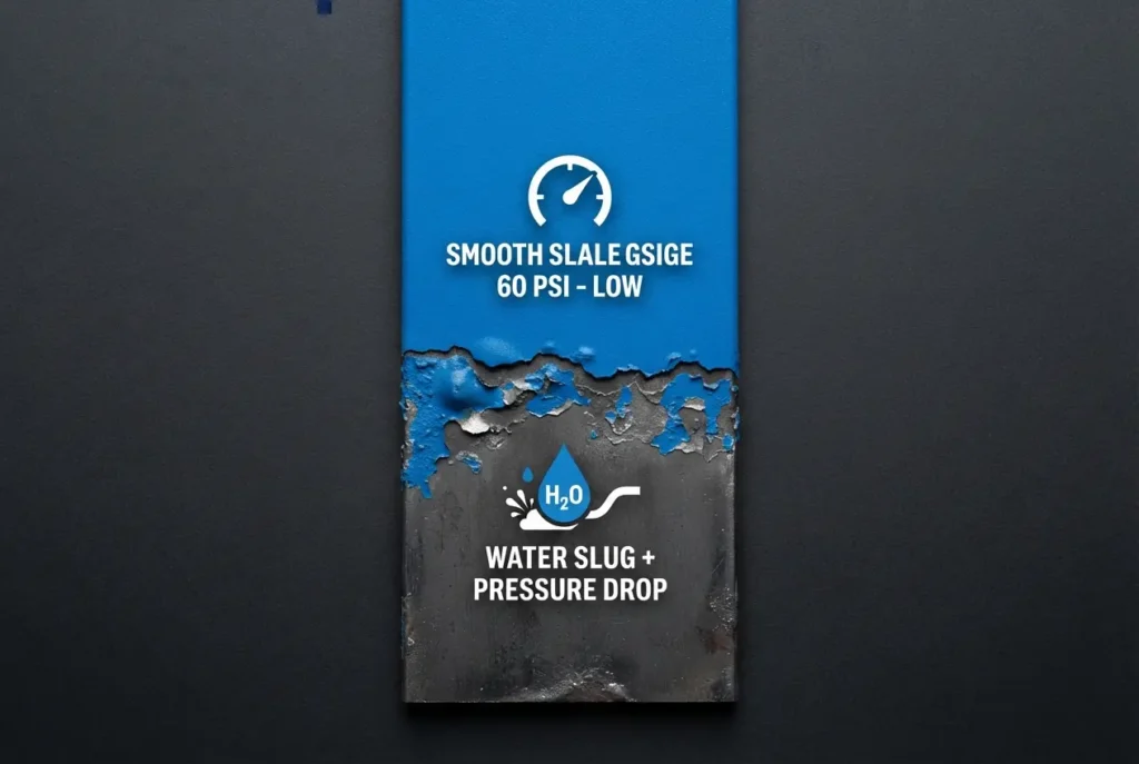 Metal sample showing peeling blue powder coating caused by compressed air moisture and pressure drop — Industrial Powder Co