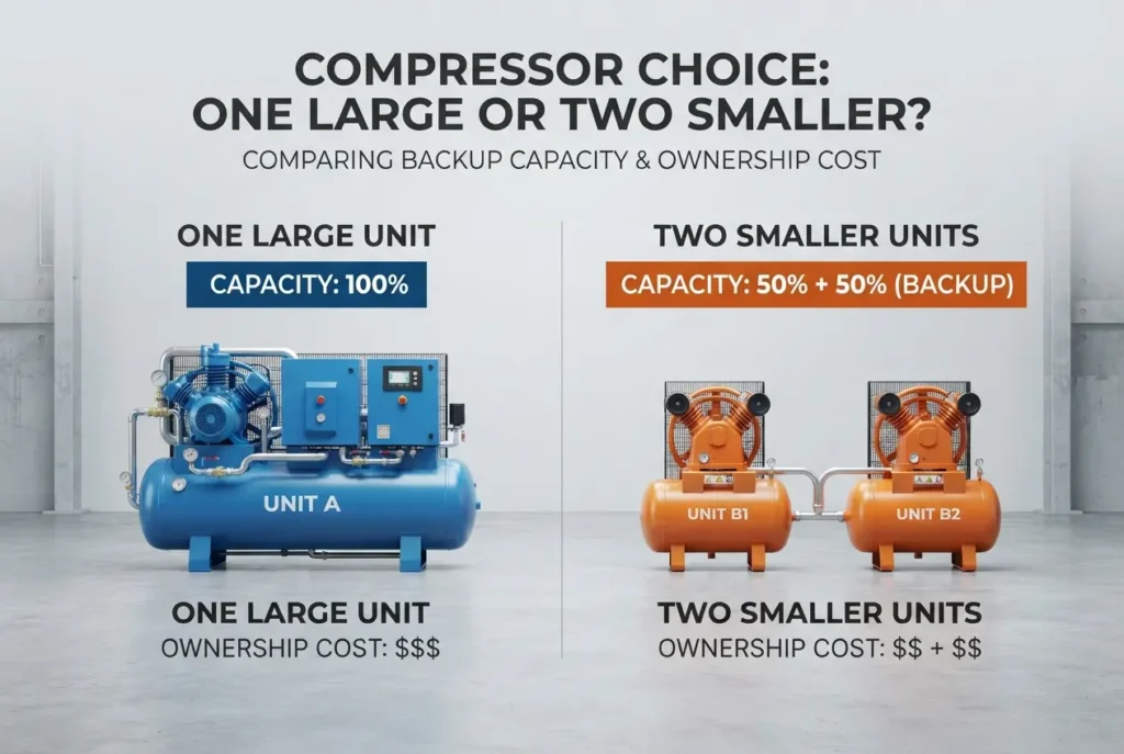 Graphic comparing one large blue air compressor against two smaller orange compressor units — One Large Compressor or Two S