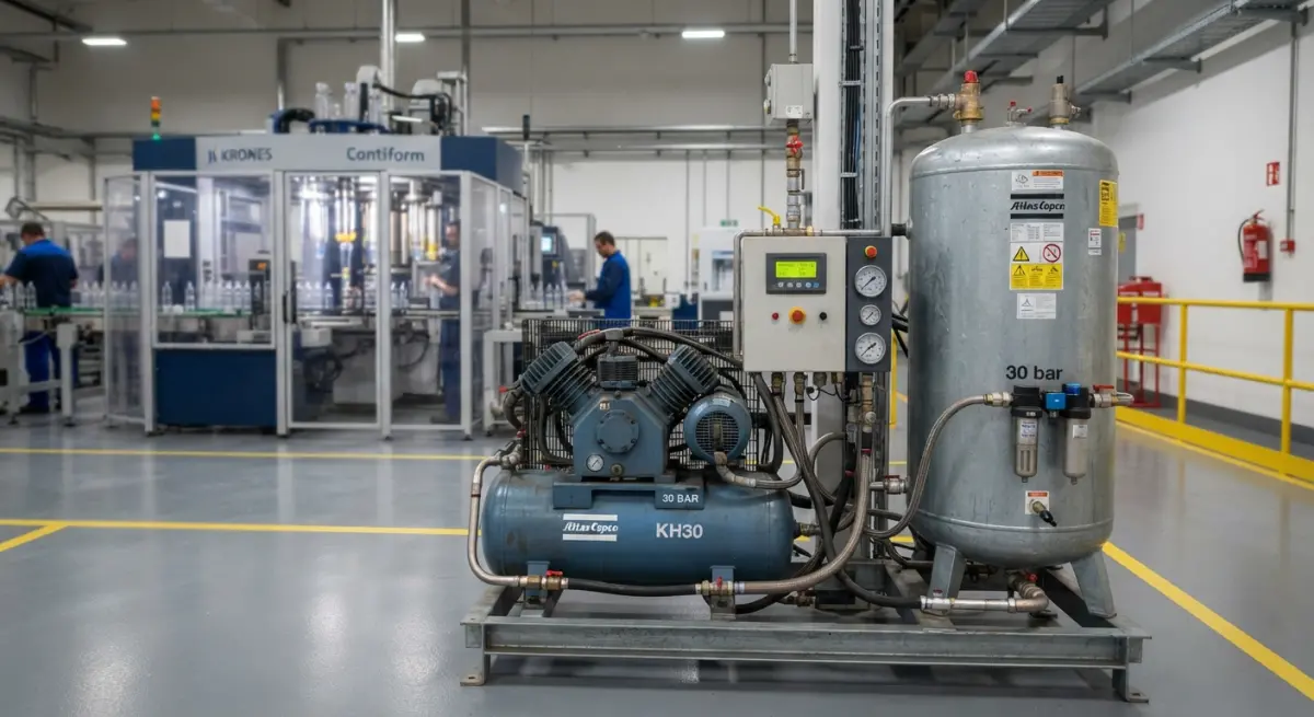High-pressure 30 bar compressor and air receiver tank in a PET bottle manufacturing facility