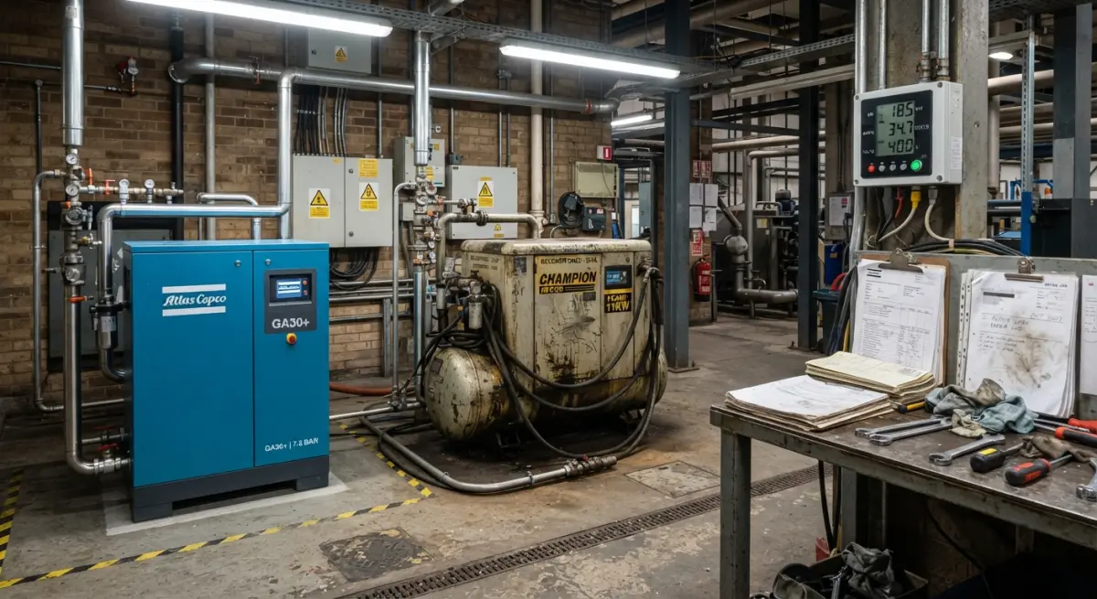New rotary screw compressor standing beside an older worn unit inside an industrial workshop