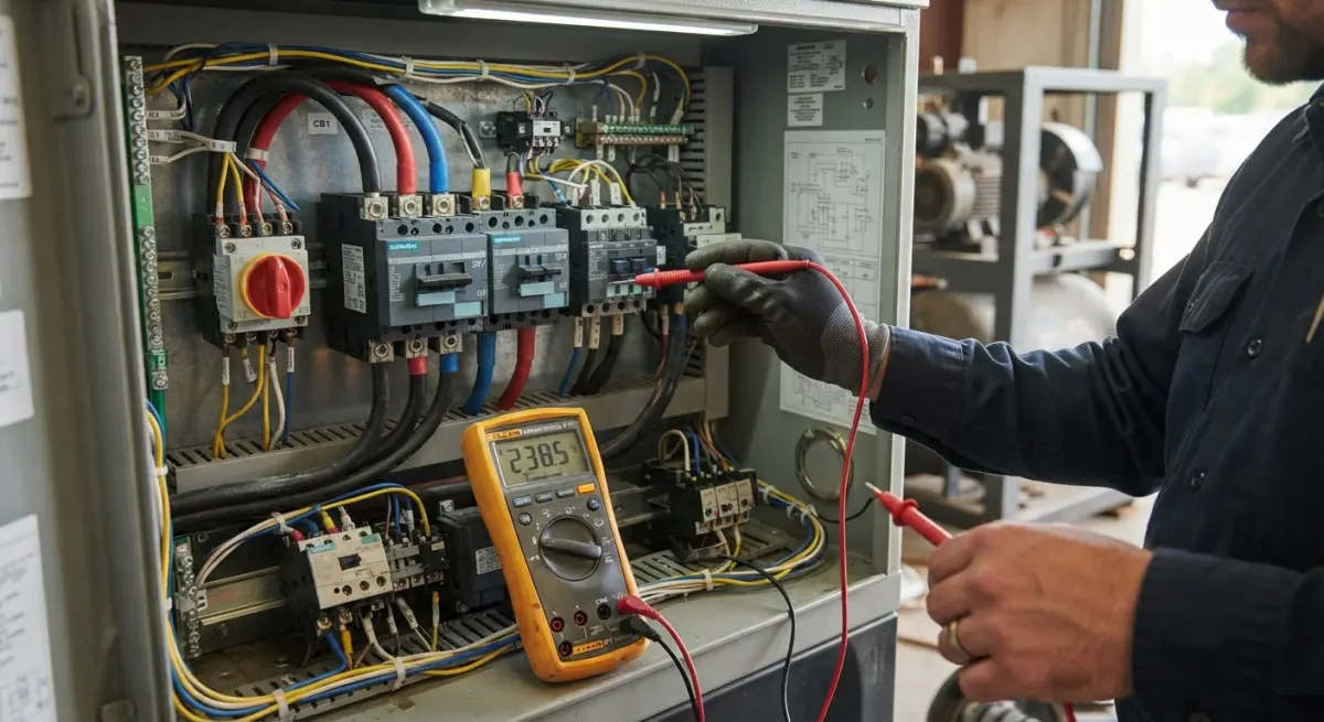 Technician measuring voltage in an industrial air compressor electrical control panel using a multimeter