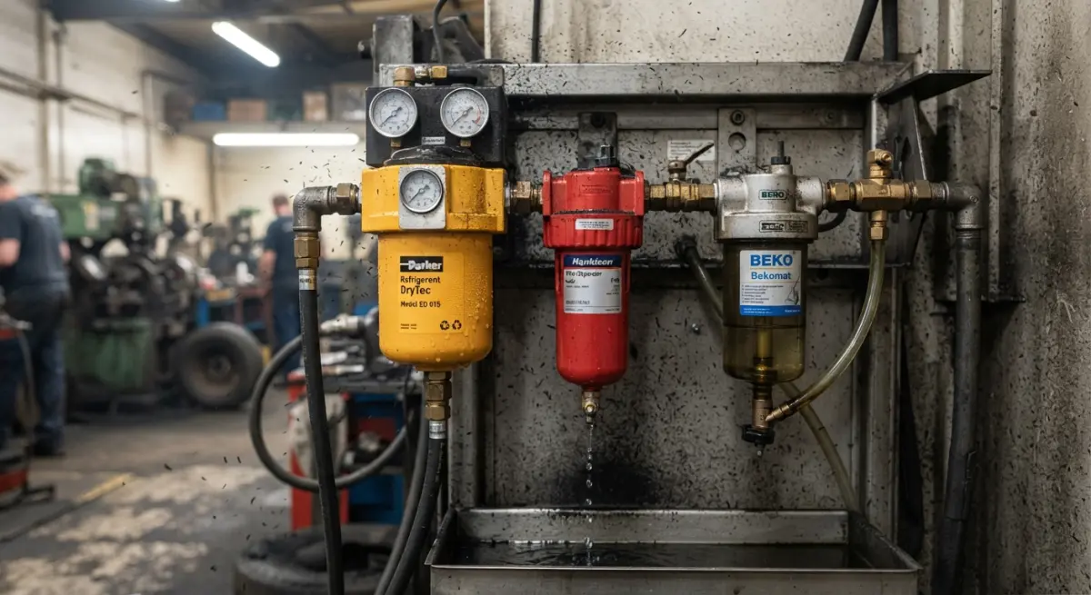 Industrial compressed-air inline filters and condensate drain mounted on workshop wall