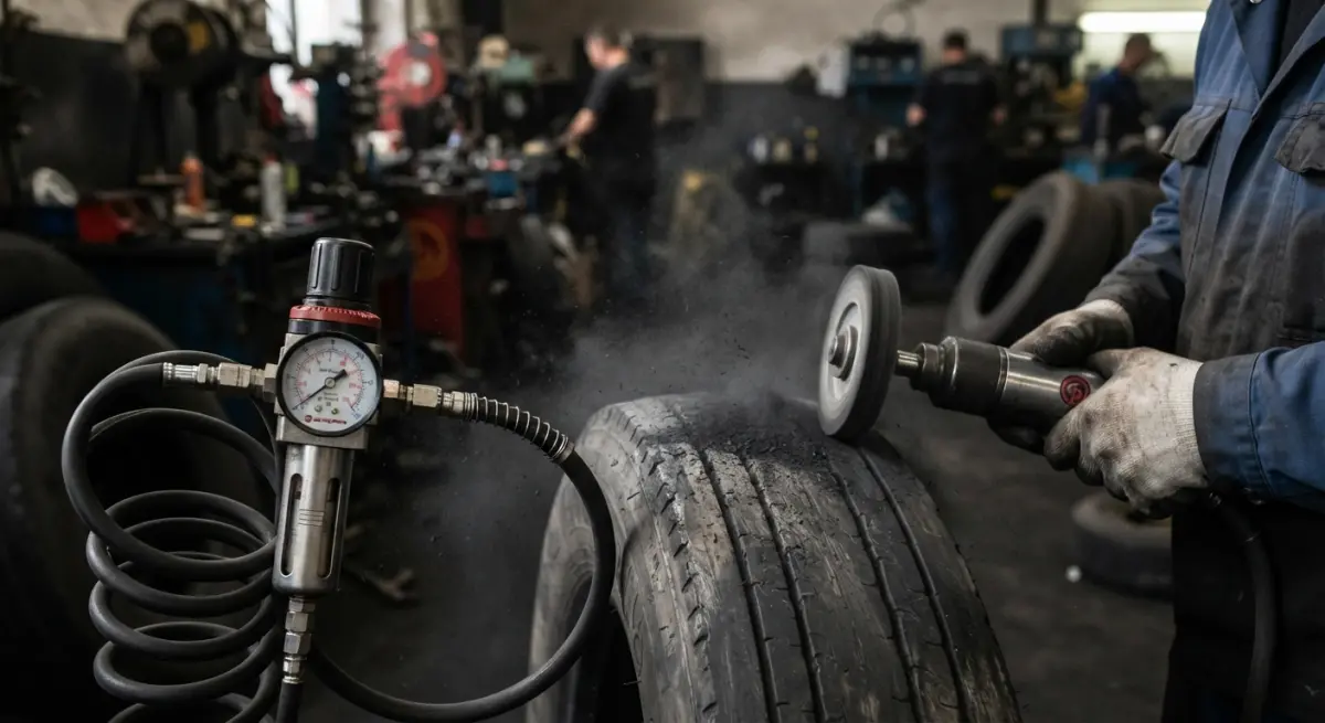 Technician buffing a worn tyre with a pneumatic tool connected to an air regulator