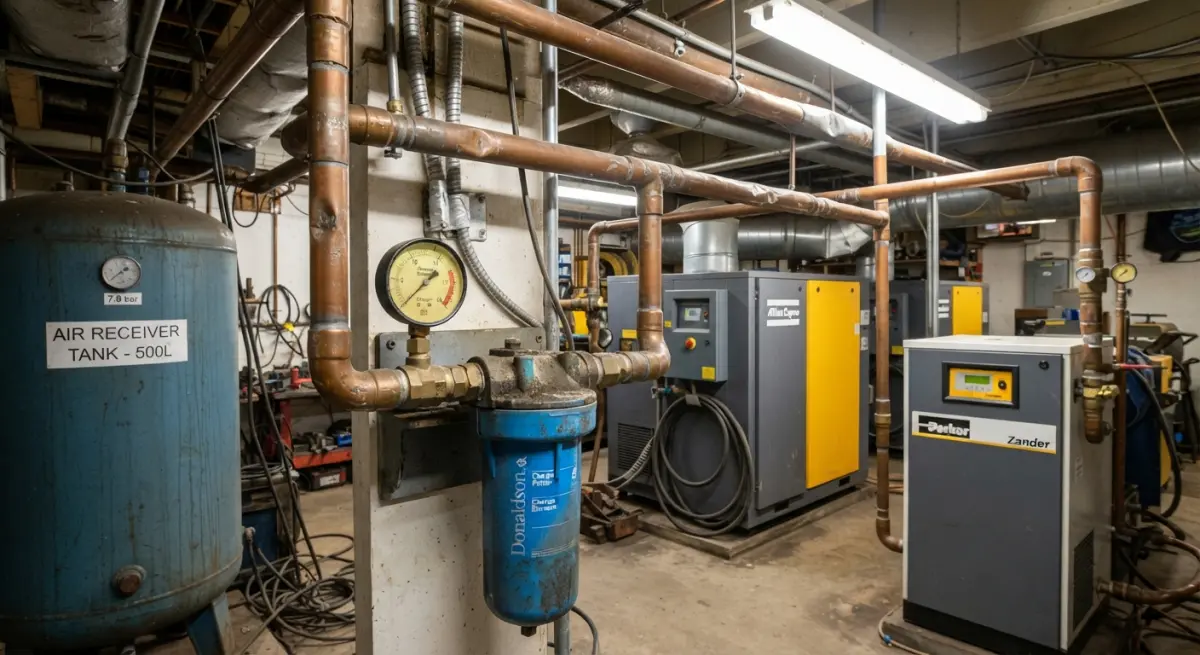 Compressed air receiver tank, piping, pressure gauges, and dryers inside an equipment room