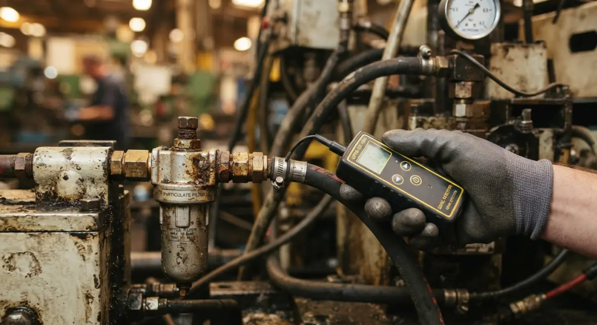 Technician measuring pressure drop across an inline particulate filter using a digital gauge