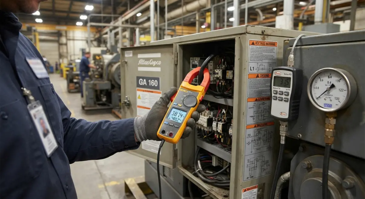 Technician measuring electrical current with clamp meter on an industrial air compressor control panel