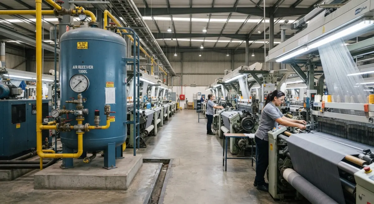 Vertical blue air receiver tank connected by yellow piping beside active textile weaving looms