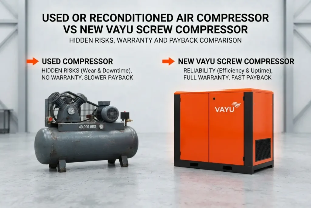 Used or Reconditioned Air Compressor vs New VAYU Screw Compressor: Hidden Risks, Warranty and Payback Comparison