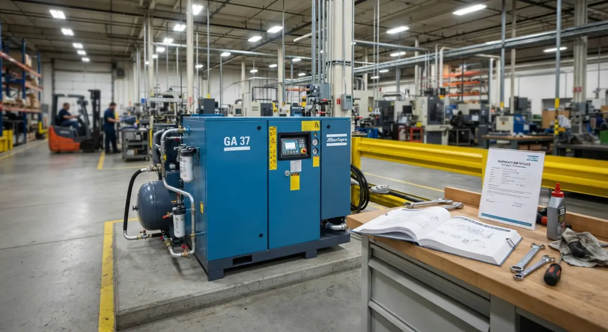Blue stationary rotary screw air compressor installed on factory floor next to workbench