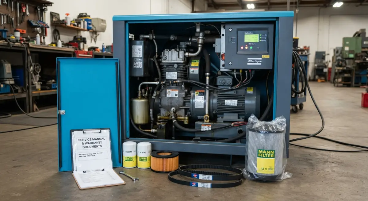 Rotary screw air compressor cabinet with spare filters, belts, and service documents on the floor