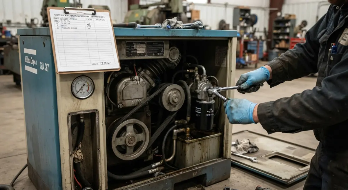Technician servicing an industrial air compressor with a socket wrench next to a checklist