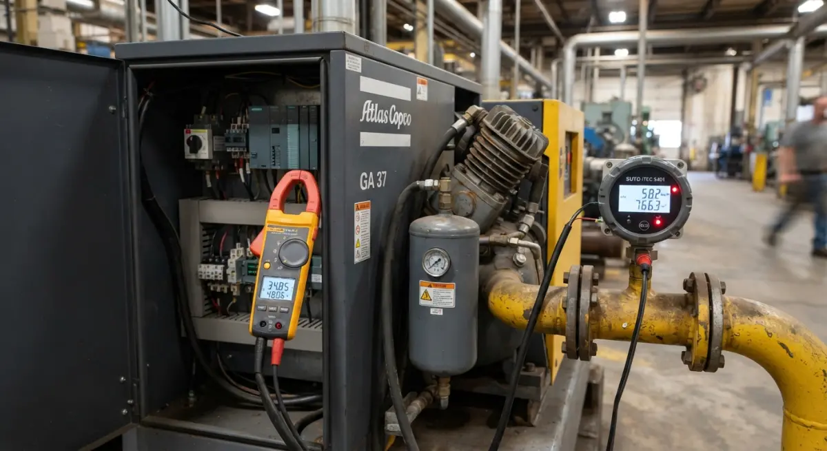 Power clamp meter and flow sensor measuring an industrial air compressor during audit testing