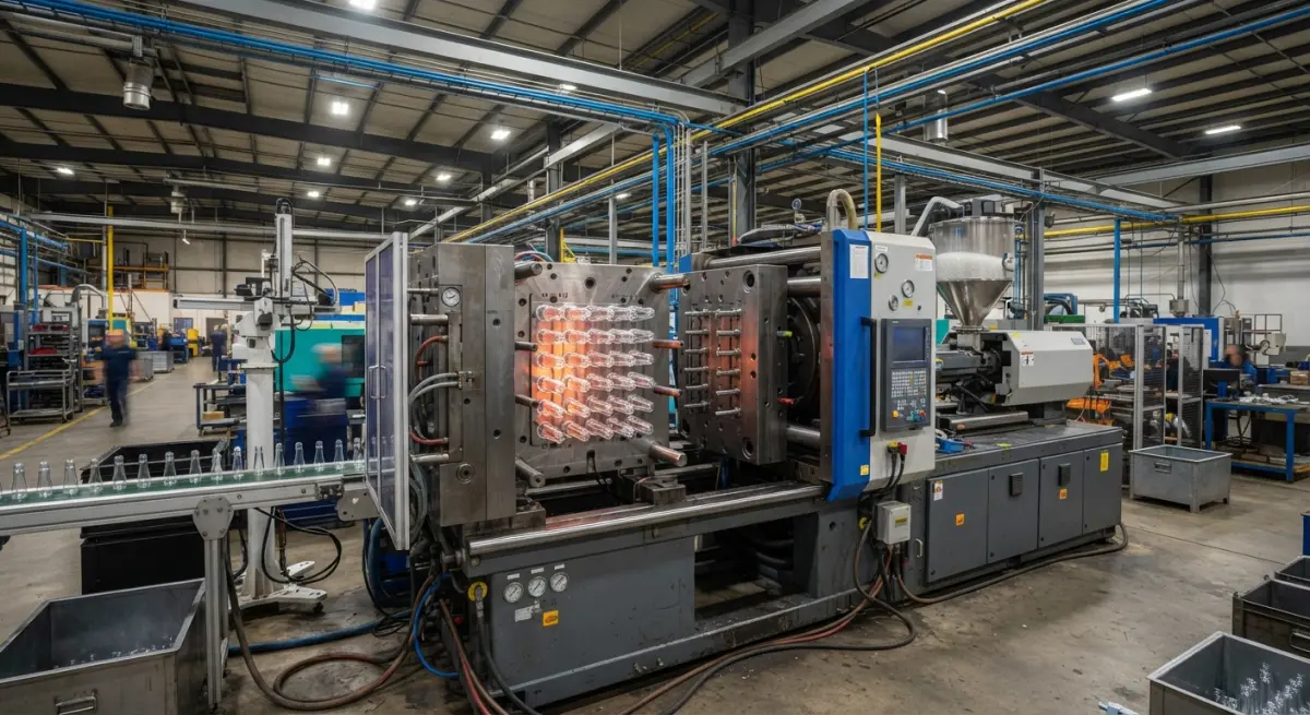 Industrial injection moulding machine producing plastic bottle preforms along an automated conveyor line