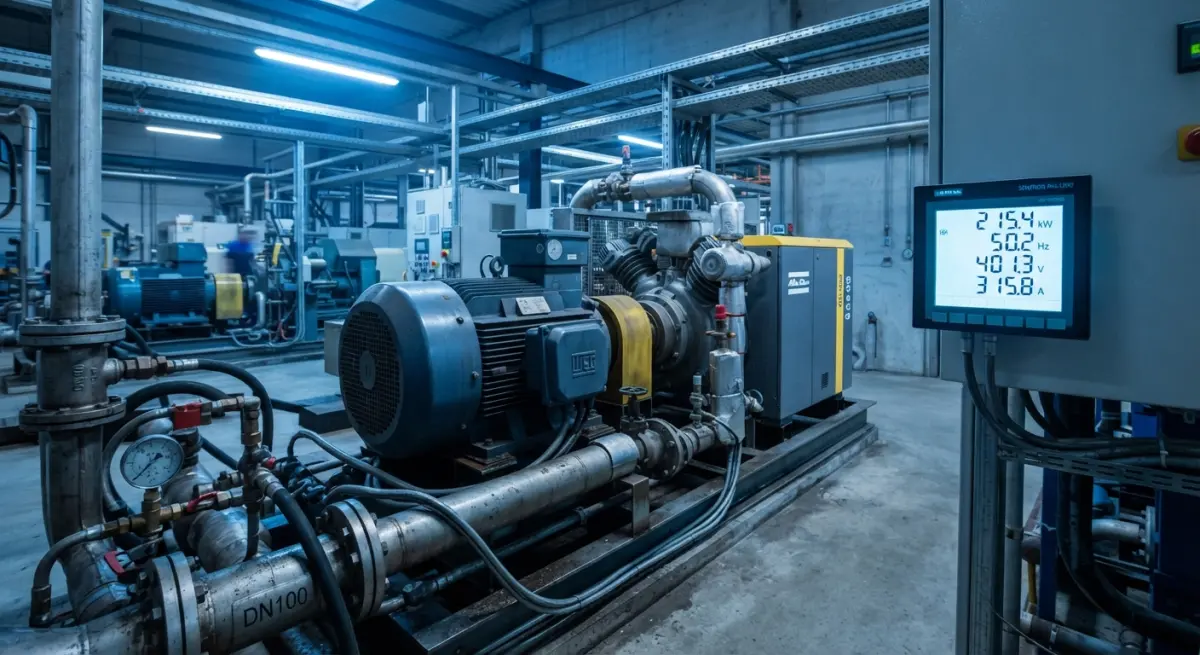 Industrial compressor station with connected piping and digital display showing real-time electrical power consumption metric